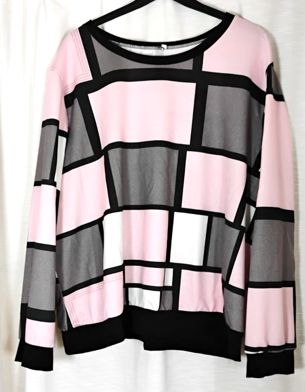 5XL Colorblock Geometric Knit Top Pink Gray Stretch Mod Banded Cuff Comfy